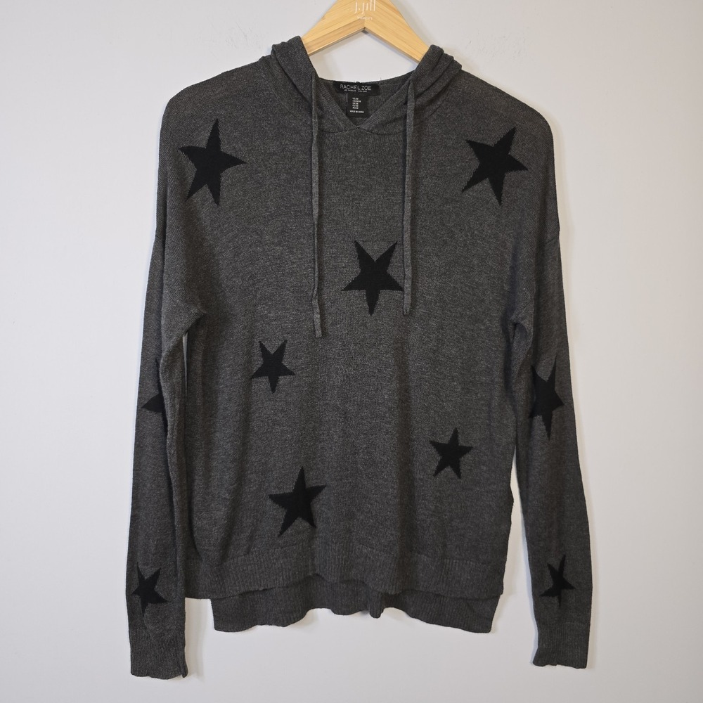 Rachel Zoe Knit Gray Hoodie Sweater Black Stars Size M Stretch Cashmere Blend